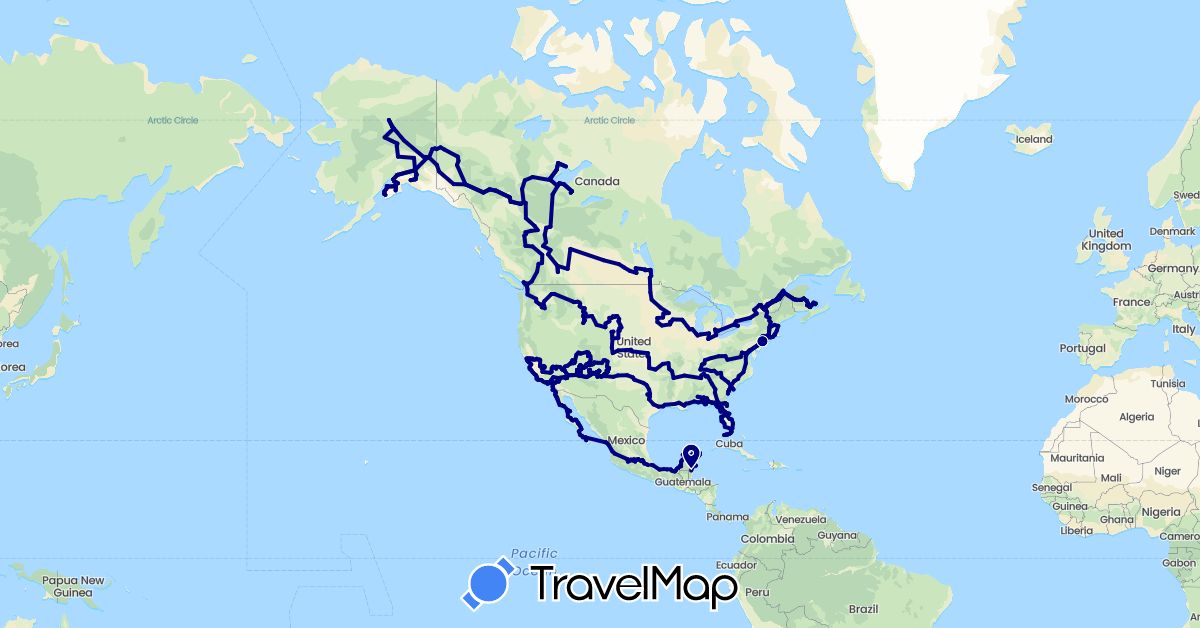 TravelMap itinerary: driving in Belize, Canada, Mexico, United States (North America)